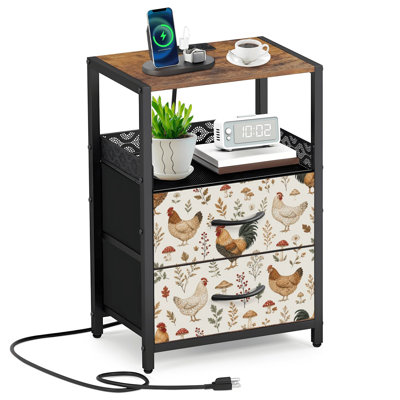 Table de chevet 2 tiroirs en tissu avec station de charge Vintage Farm Chicken Rooster Woodland Mushroom