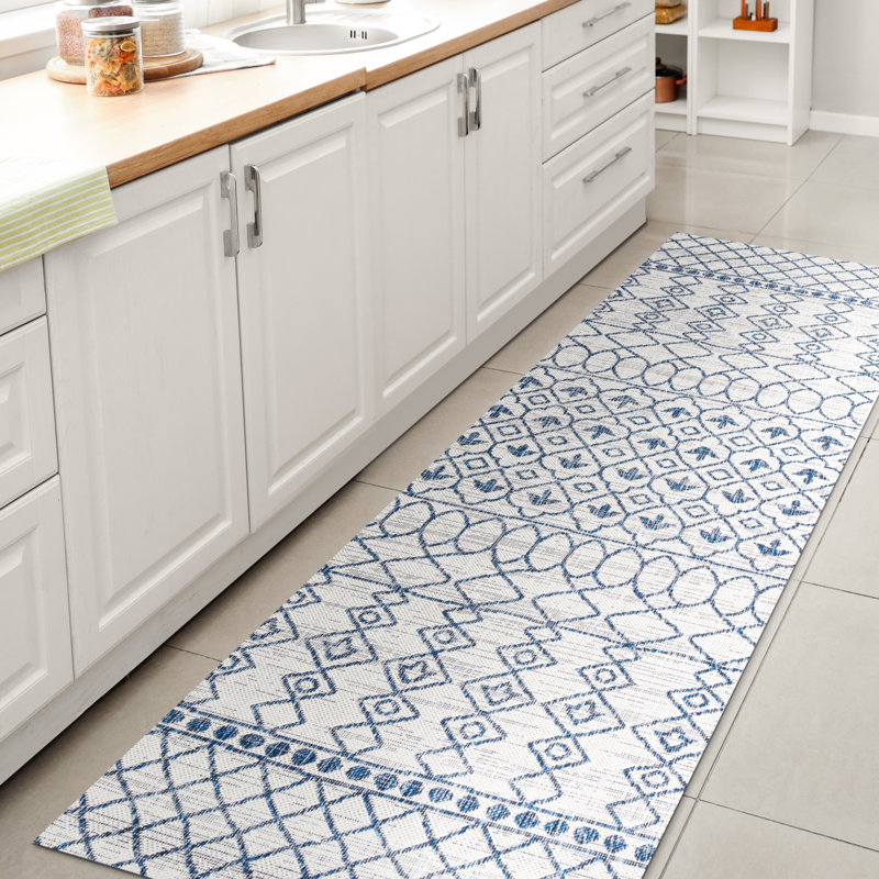 Tapis ivoire / bleu Raif Tribal Bohemian, Tapis de couloir 2 pi 2 po x 8 pi