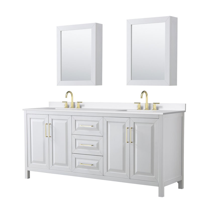 Daria 80 in. with Mirror Vanity, White Quartz, White, Brushed Gold