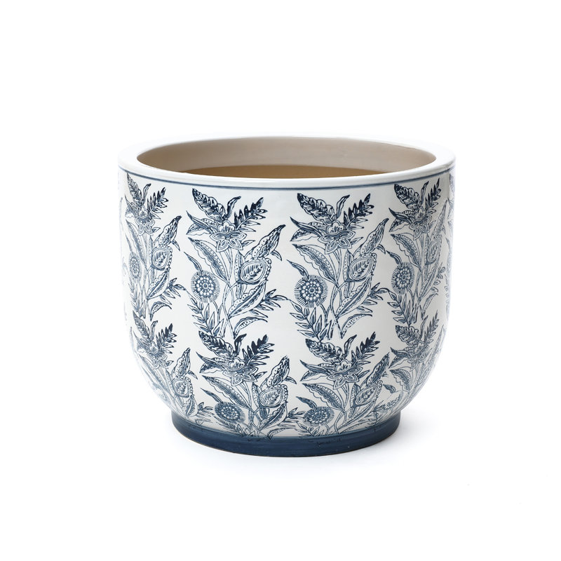 Pot à fleurs rond 15,6 po de diamètre bleu et blanc à motif floral, grand pot en céramique avec drainage
