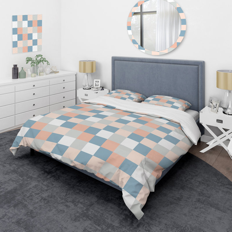 Ensemble de housse de couette abstraite rose et bleu Misty Grid I, Housse de couette pour grand lit et 2 taies décor