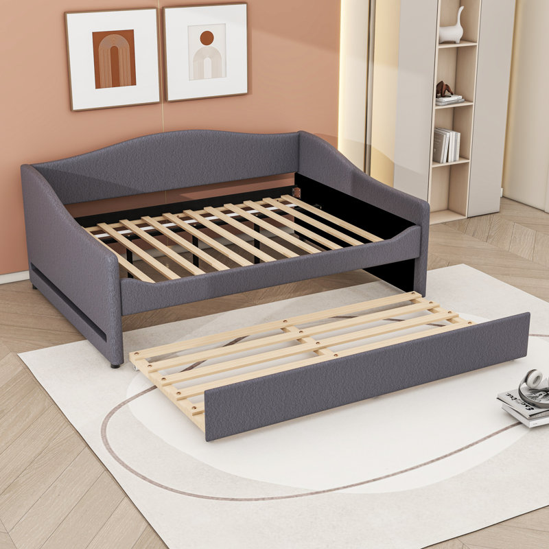 Wooden Upholstered Daybed with Lights, Trundle and Slats, Gray, Full