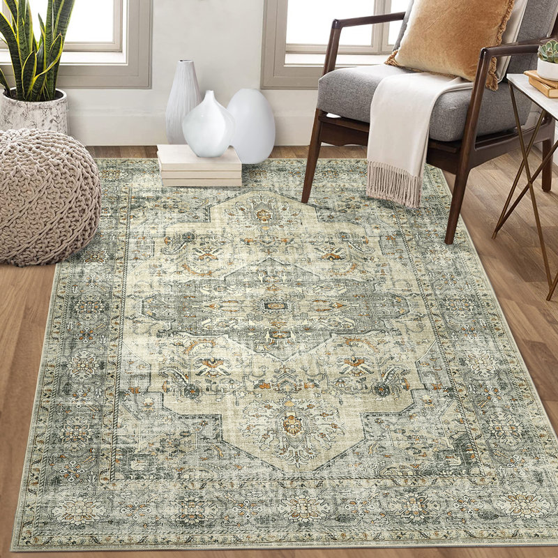 Oriental Machine Washable Rug with Rubber Backing for Living Room Durable Vintage Floor Carpet Easy-Cleaning Rug
