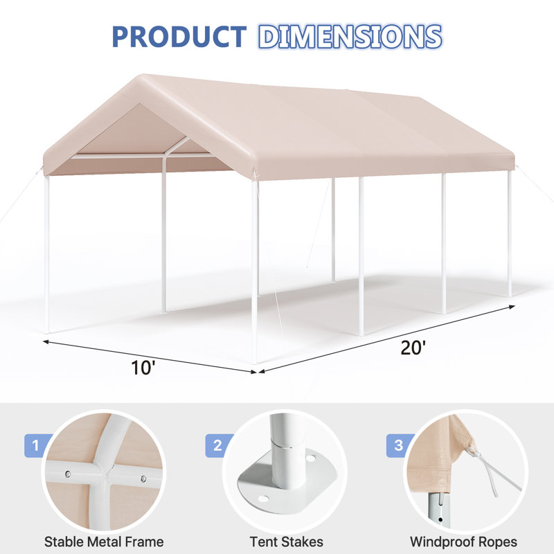 10Ft. W X 20Ft. D Steel Outdoor Canopy Tent Heavy Duty Party Tents For Wedding, Khaki