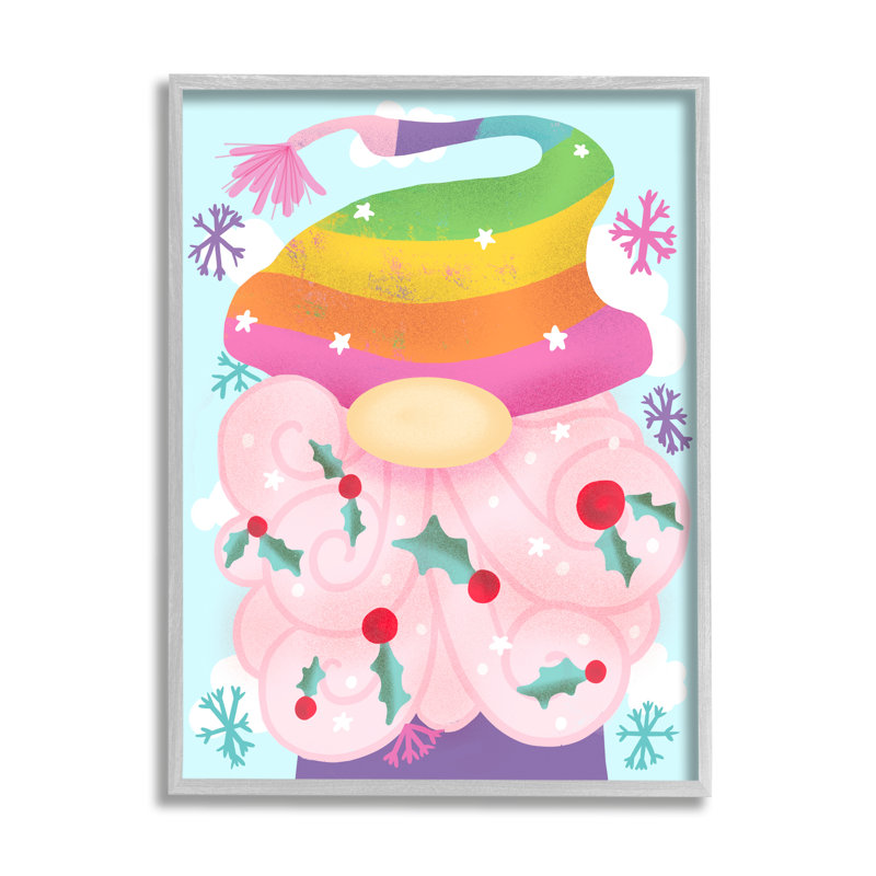 «Whimsical Winter Rainbow Gnome Red Holly Beard» surdimensionné encadré blanc, art texturé par Daphne Polselli