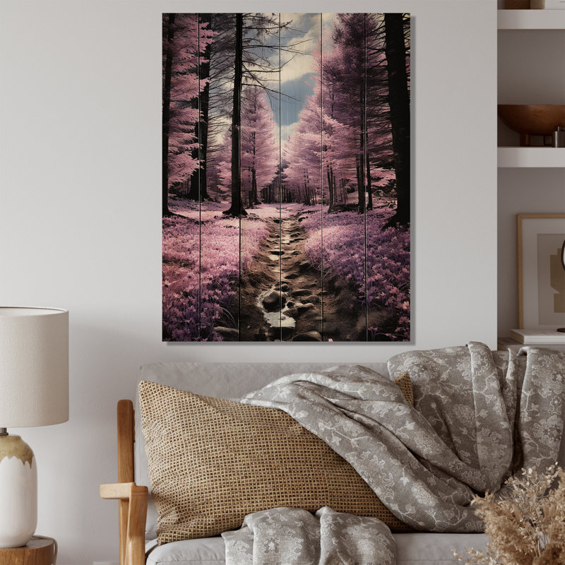 Sentier de forêt mauve sur bois, H 40 po x l 30 po x P 0,78 po