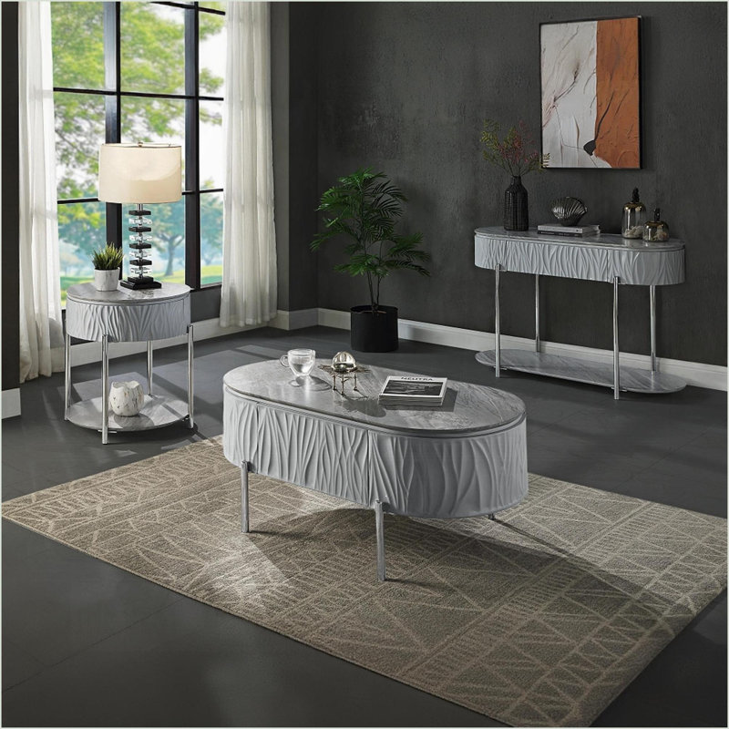 Table basse à haute brillance grise avec pieds en métal chromé, rangement intégré Conception peu encombrante