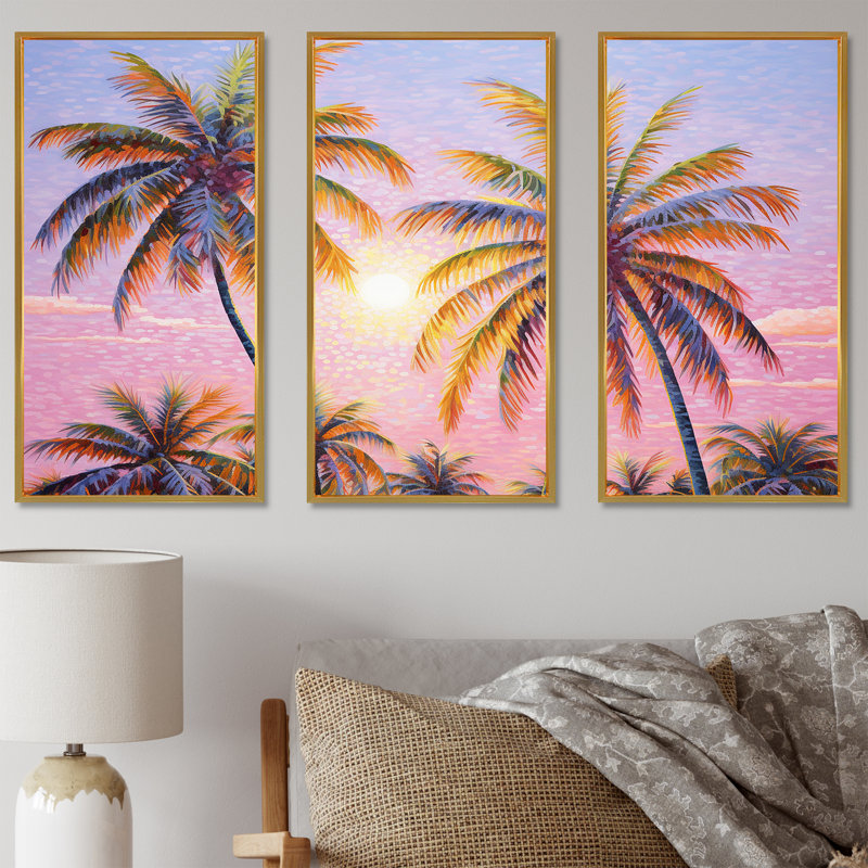 «Rose Radiance Sunset Palm Trees II», ensemble d'art mural palmiers et palmiers, Cadre flottant doré