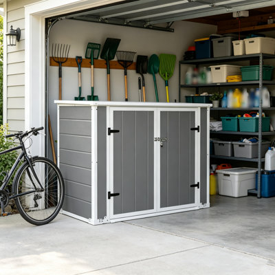 Horizontal Outdoor Storage Shed with Hydraulic Lid and Roll-In Ramp, Lockable Waterproof Outdoor Storage Cabinet for Trash Cans Garden Tools Firewood, All Weather Critter Proof Backyard Patio Storage Box