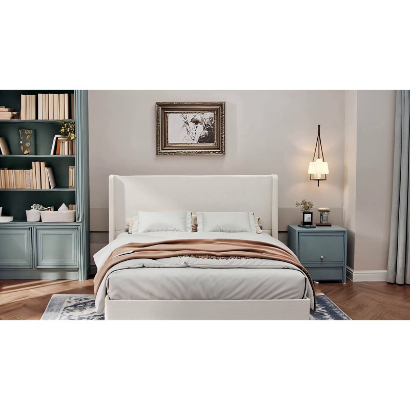 Lit tapissier à tête haute, lit plateforme avec support à 12 lattes, Blanc, crème, Très grand lit
