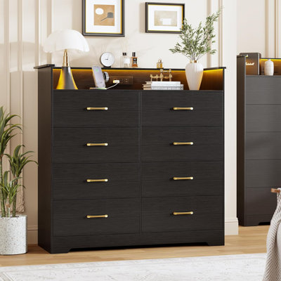 8-Drawer Dresser with LED Lights & Charging Station – Tall Vertical Chest with Open Shelf, Power Outlet & USB Ports – Modern Storage Cabinet for Bedroom, Living Room, Entryway, Black