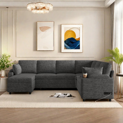 U-shaped Sectional Sofa Bed With Ample Storage Space, Two Cup Holders, Charging Ports And Hidden Storage Chaise