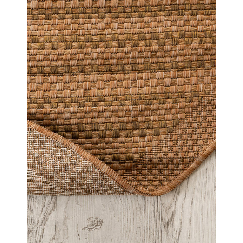 Tapis rayé brun clair intérieur / extérieur, Rond 5 pi 3 po