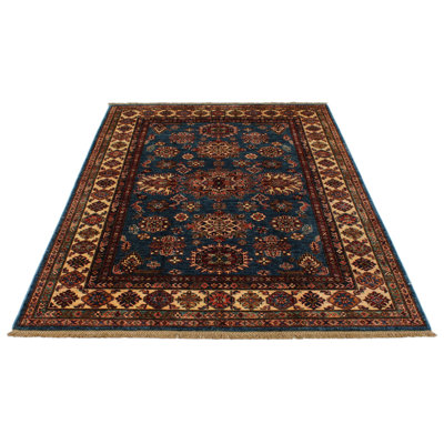 5x7 Blue and Ivory Kazak Tribal Rug