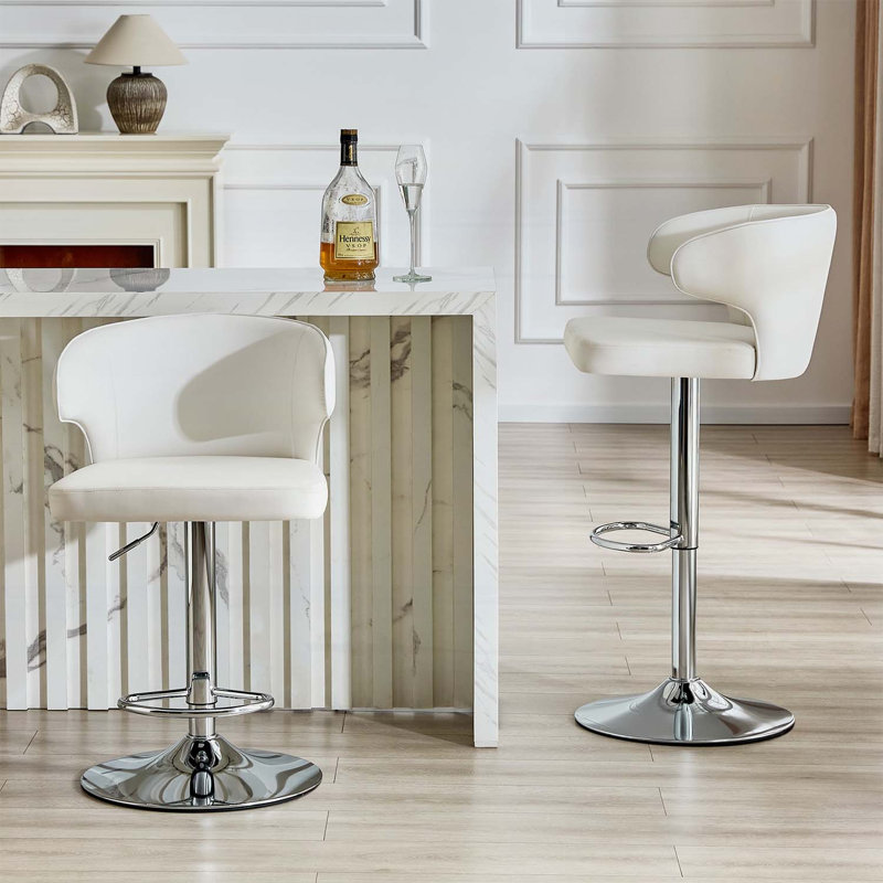 Chaise de bar rotative moderne réglable avec dossier et hauteur réglable (2 pièces), Simili cuir blanc, Argent