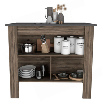 Îlot de cuisine, table de cuisine H 35 po, quatre pieds, trois tablettes de rangement ouvertes