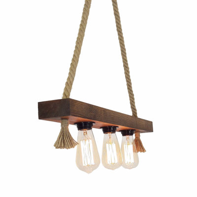 Rustic Handmade Chandelier, Solid Pine with Jute Rope, 23.6 x 23.6 x 3.9 inches | 3 x E27 Sockets (Max 40W) | Walnut Color, Modern & Novelty Design, Perfect for Dining Room & Living Spaces, IP20 Rated