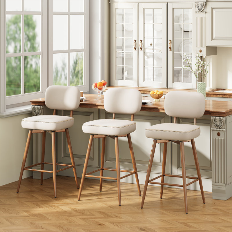 Modern Swivel Upholstered Counter Stools with Metal Frame, Beige
