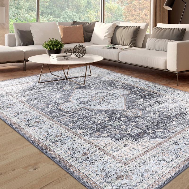 Oriental Machine Washable Rug with Rubber Backing for Living Room Vintage Non-Slip Dining Room Rug Easy-Cleaning Floor Carpet for Bedroom