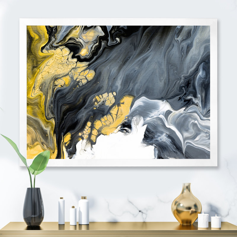 «Black and Gold Creative Abstract», peinture sur toile, Cadre de coin blanc fermé, H 34 po x l 44 po