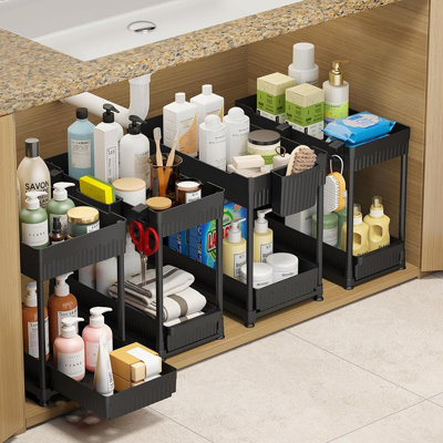 4 Pack Clear 2-Tier Under Sink Organizers, Stackable Pull-Out Cabinet Storage Bins with Dividers for Kitchen Bathroom Pantry