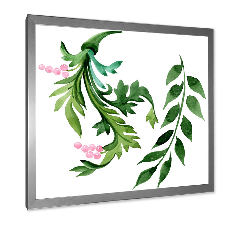 Feuilles vertes d'hiver sur fond blanc - peinture sur toile, H 16 po x l 16 po x P 1 po, Cadre photo argenté