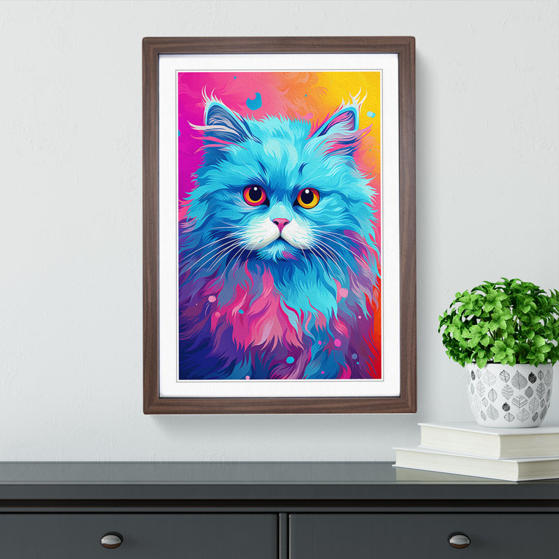 Persian Cat Pop No.2 - Single Picture Frame Print on Wood, Walnut Framed, 64cm H x 46cm W x 2cm D
