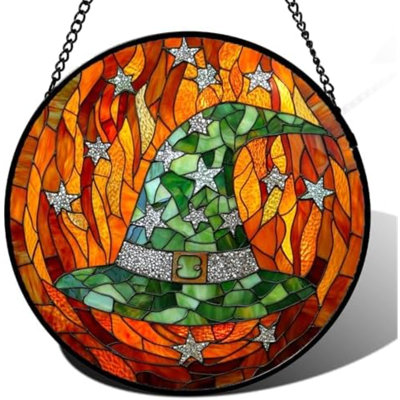 Stained Glass Window Hanging - Halloween Decorations Witch Hat Suncatcher For Doors Garden Indoor Spooky Funny Green Sun Catchers Gothic Decor Horror Gifts For Women Men Friend 6.3 In