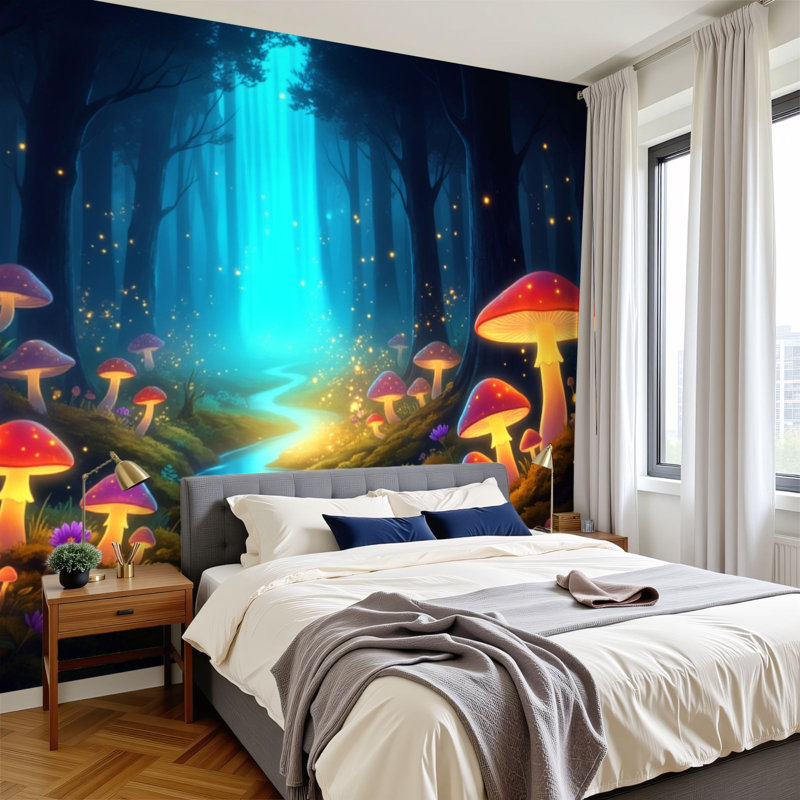 Papier peint auto-adhésif Magical Forest Path Glowing Mushroom Mystical Light 100 po x l 144 po pour chambre à coucher, salon, bureau à domicile