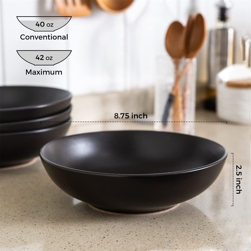 Matte Black Ceramic Microwave Safe Pasta Bowls Set