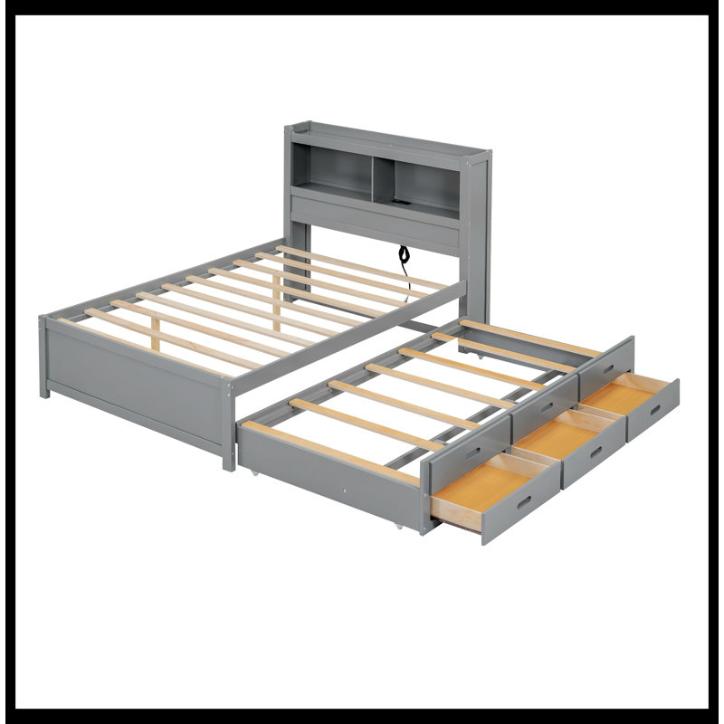 Lit bibliothèque avec couchette, tiroirs et prises USB Margrid, Gris