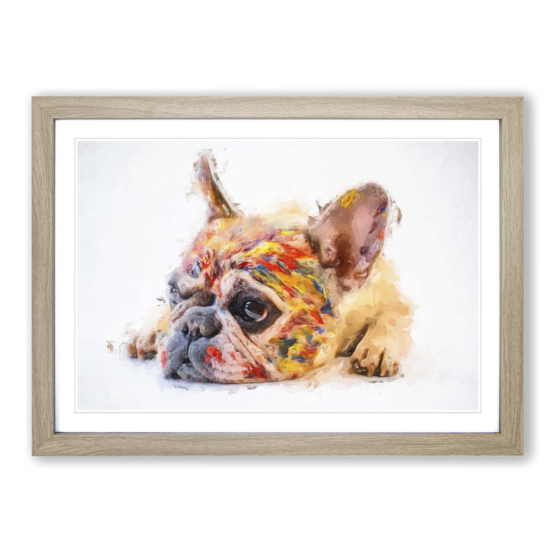 Painted French Bulldog in Abstract - Picture Frame Painting Print on MDF, Oak Framed, 62cm H x 87cm W x 2cm D