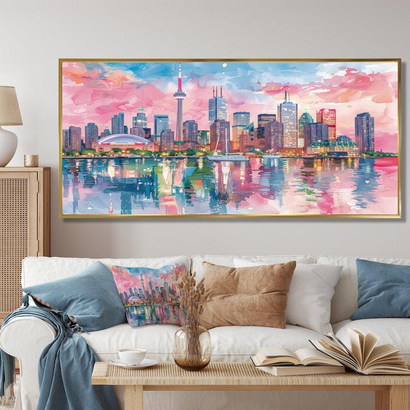 «Pink Toronto Cityscape View I - City Toronto», art mural, Cadre flottant doré, 28" H x 60" W