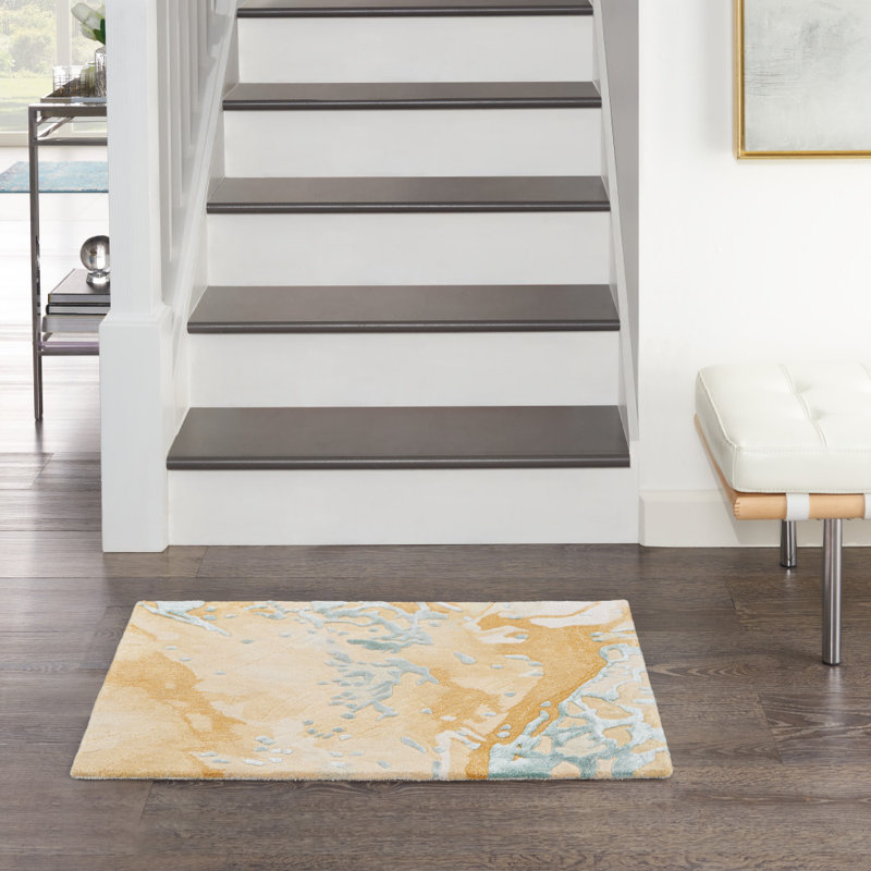 Tapis en viscose touffeté à la main à motif abstrait en jaune / blanc, Rectangle 2 pi x 3 pi
