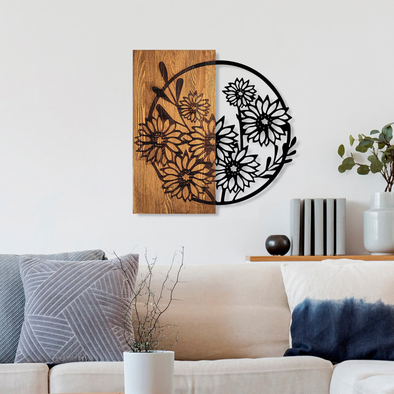 Élégant accessoire mural décoratif en bois, 22,4 po x 22,4 po | 100% bois massif avec une épaisseur de 0,8 pouce, accents métalliques | Finition unique en noyer et noir, parfaite pour la décoration intérieure et la présentation murale élégante