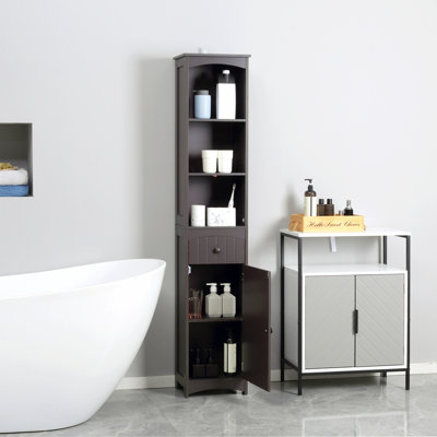 Bathroom Storage Cabinet, Free Standing Bathroom Storage Unit, Tall Linen Tower With 3-Tier Shelves And Drawer, Brown