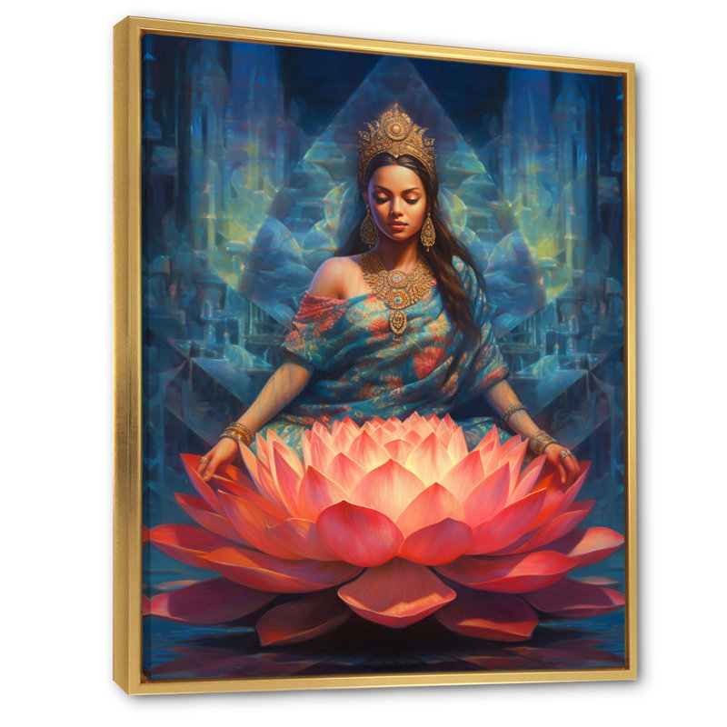 Bleu, bleu, yoga, lotus, femme, H 32 po x l 24 po, Cadre flottant doré