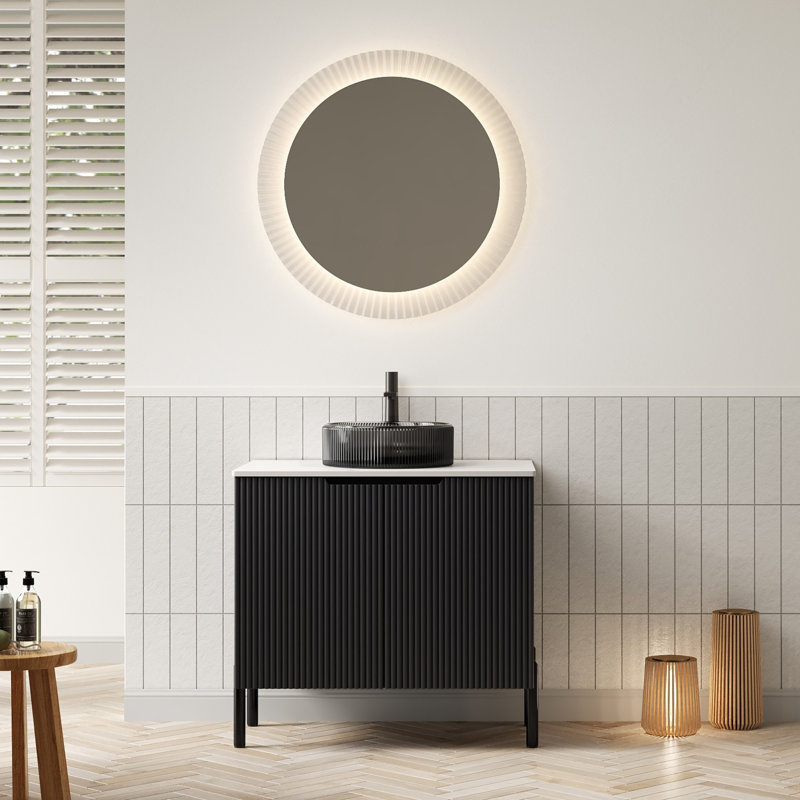 Élégant meuble-lavabo avec vasque en verre cristal noir, style français pour les salles de bain modernes