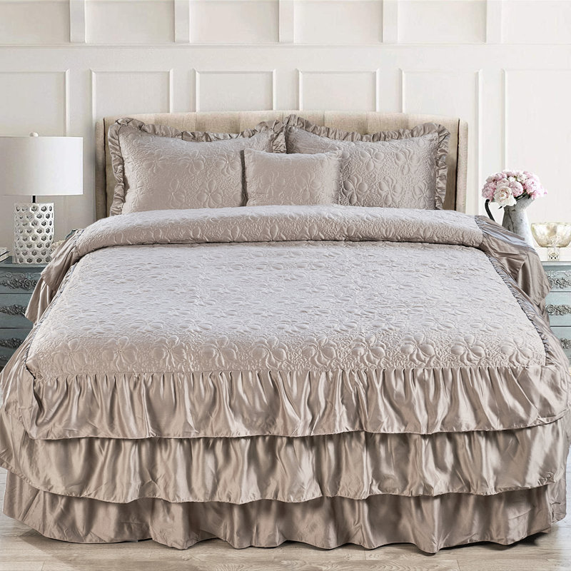 4 Piece Ruffle Matte Satin Bedspread Set, Taupe, Queen Coverlet + 2 Shams + Throw pillow