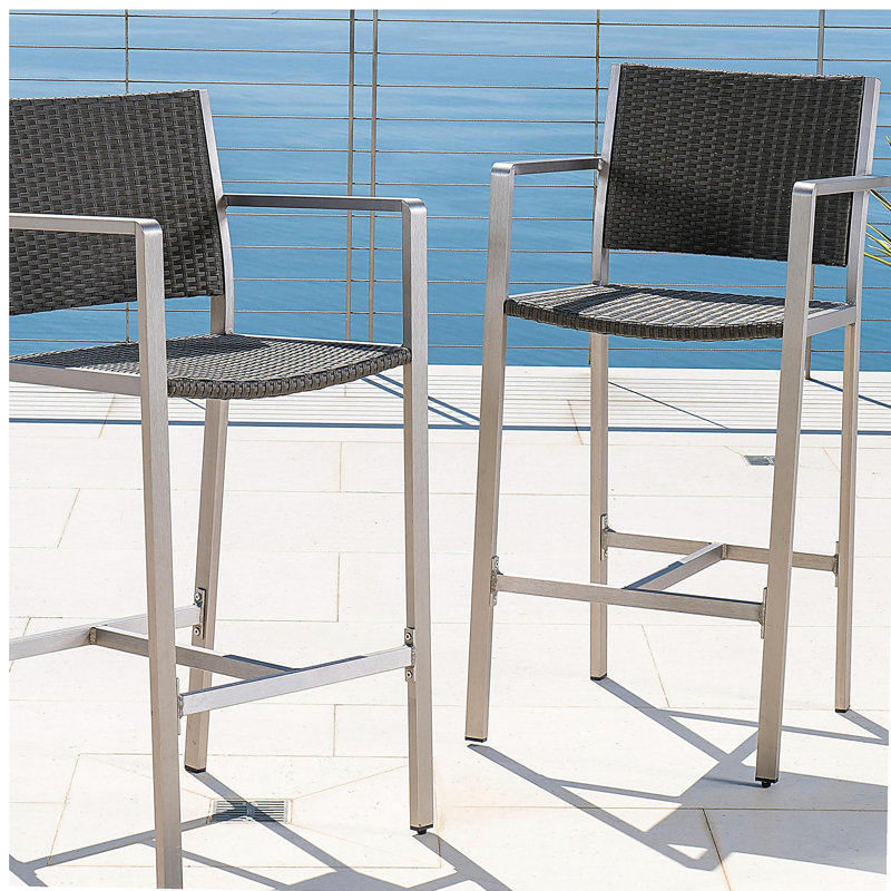 Outdoor 29.50" Rust-Proof Aluminum Barstools with PE Rattan Seat and Backrest, Set of 2, Silver & Grey