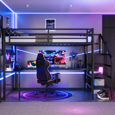 Full XL Size Loft Bed With L-Shaped Desk And USB, Metal Loft Bed With Wardrobe And Adjustable Shelf, High Loft Bed With LED For Kids Teens Adults