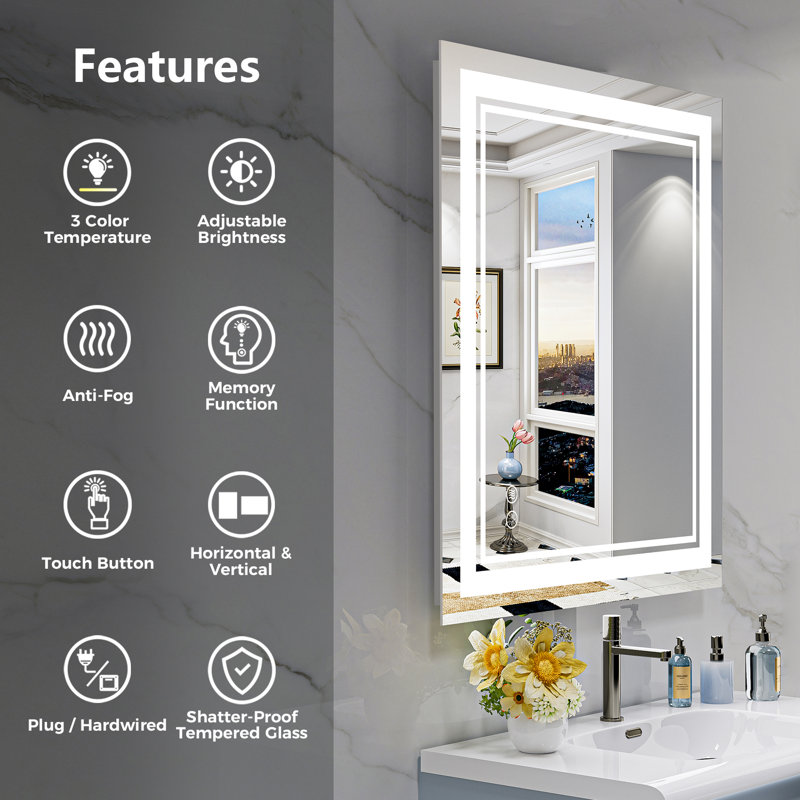 Jayce LED Vanity Mirror with Memory Function, 3 Color Temperatures & Dimmable Light, Anti-fog Tempered Glass ETL Listed Mirror