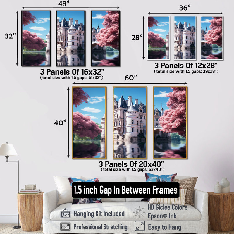 Château français, ensemble d'art sur toile, Cadre flottant noir, H 32 po x l 48 po x P 1 po