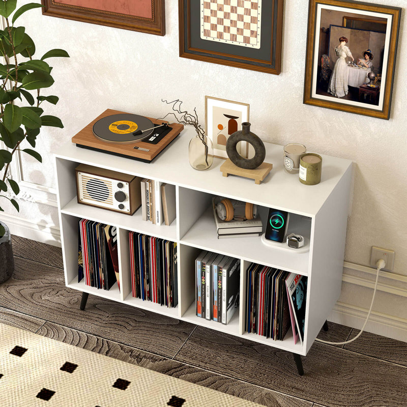  Large Record Player Stand Cabinet With Built-in Power Outlet Open Shelves