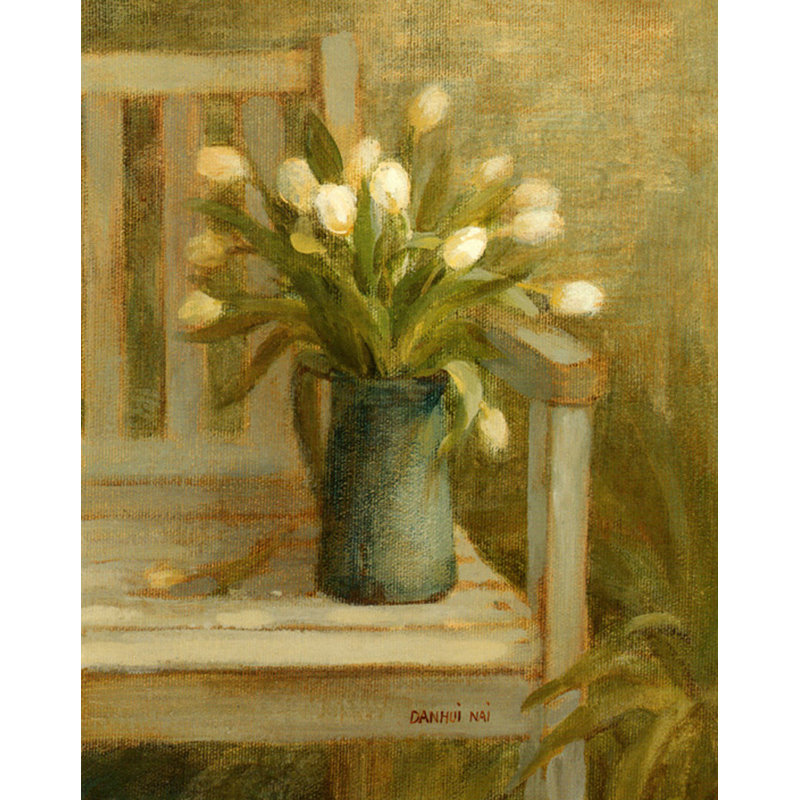 Bouquet de tulipes sur banc, H 24 po x l 19 po