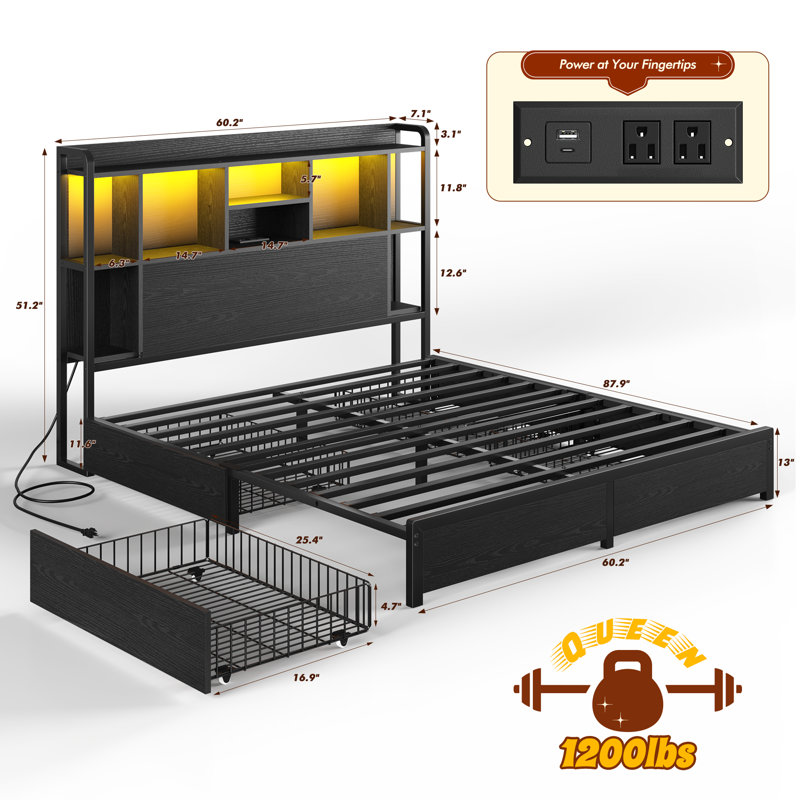Haut cadre de lit grand avec 4 tiroirs de rangement et charge USB intégrée, éclairage à DEL réglable, noir, Noir, Grand lit