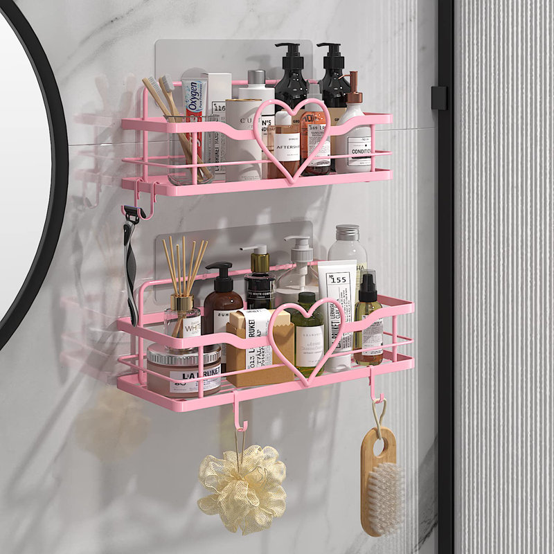 Serviteur de douche rose avec 4 crochets amovibles, paquet de 2 tablettes de douche Sweet Heart, tablette de rangement sans perçage pour salle de bain, cuisine, chambre à coucher