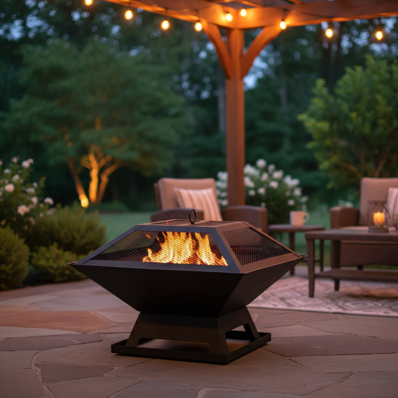 Petit foyer carré portable, parfait pour les soirées barbecue, cadre en grillage de haute qualité, conception robuste, couvercle en filet pour prévenir les éclaboussures de braises, noir