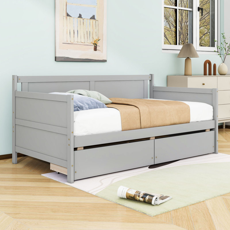 Lit de jour simple en bois 2 tiroirs, Gris