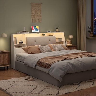 2 in 1 Bookcase Headboard With Charging Station & 2 Led Lights,Removeable Upholstered Panel